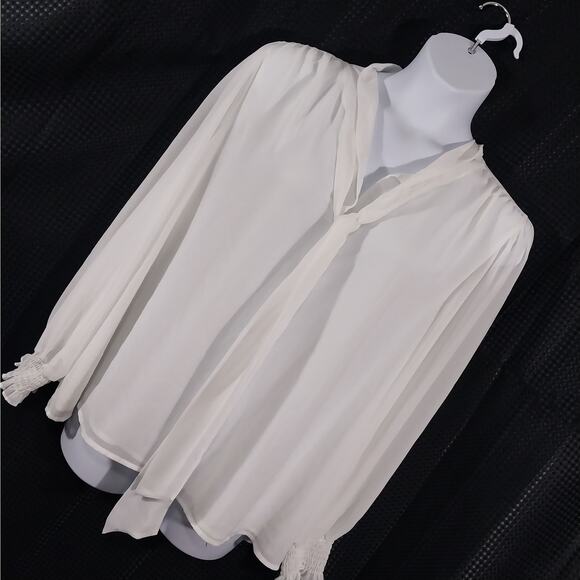 CALVIN KLEIN! WINTER WHITE CHIFFON TIE NECK, PUFF SLEEVE BLOUSE, TOP! SZ 3X - Picture 1 of 9
